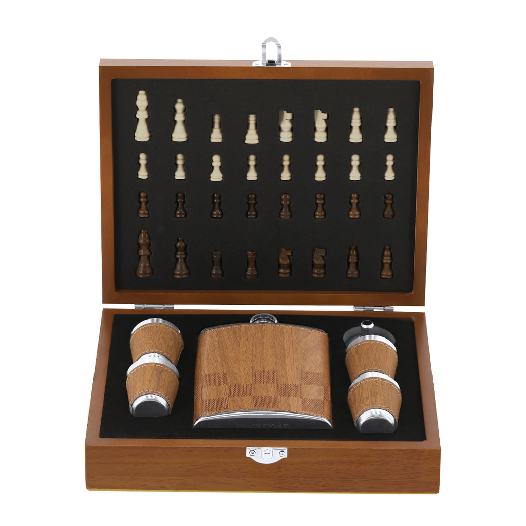 Set 2 en 1 flasque avec finition en bois et échiquier Fleet