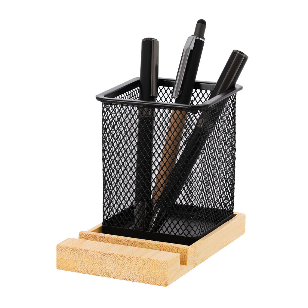 Pot à crayon en maille métallique avec base en bambou naturel Manish