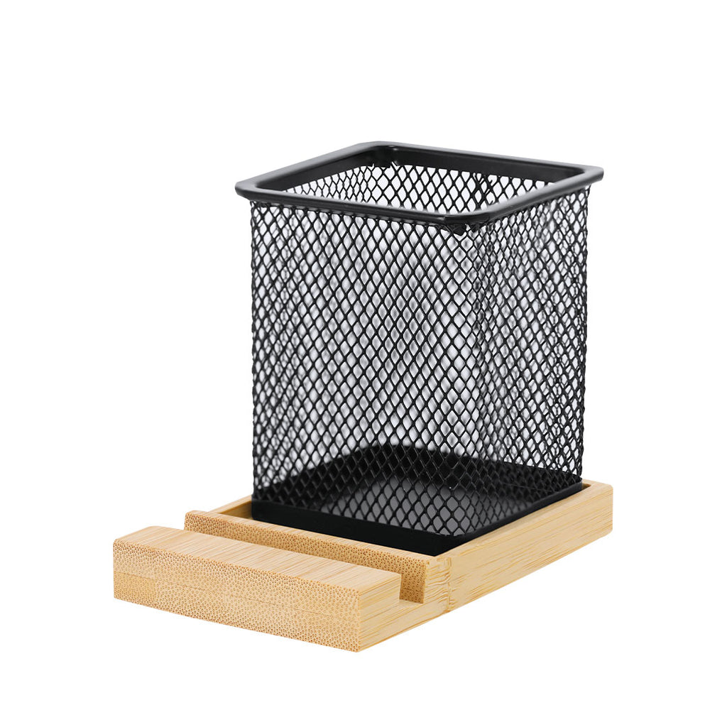 Pot à crayon en maille métallique avec base en bambou naturel Manish