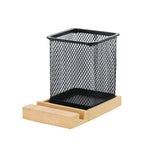 Pot à crayon en maille métallique avec base en bambou naturel Manish