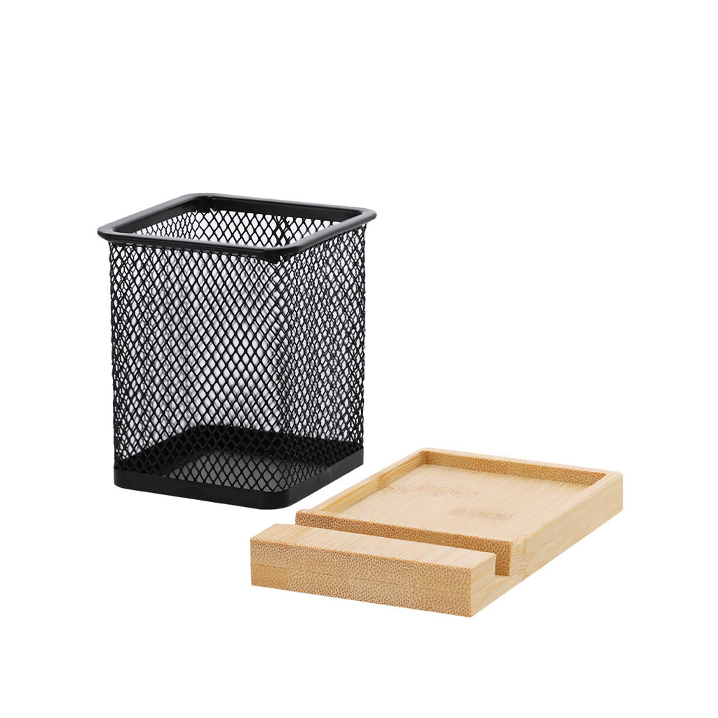 Pot à crayon en maille métallique avec base en bambou naturel Manish