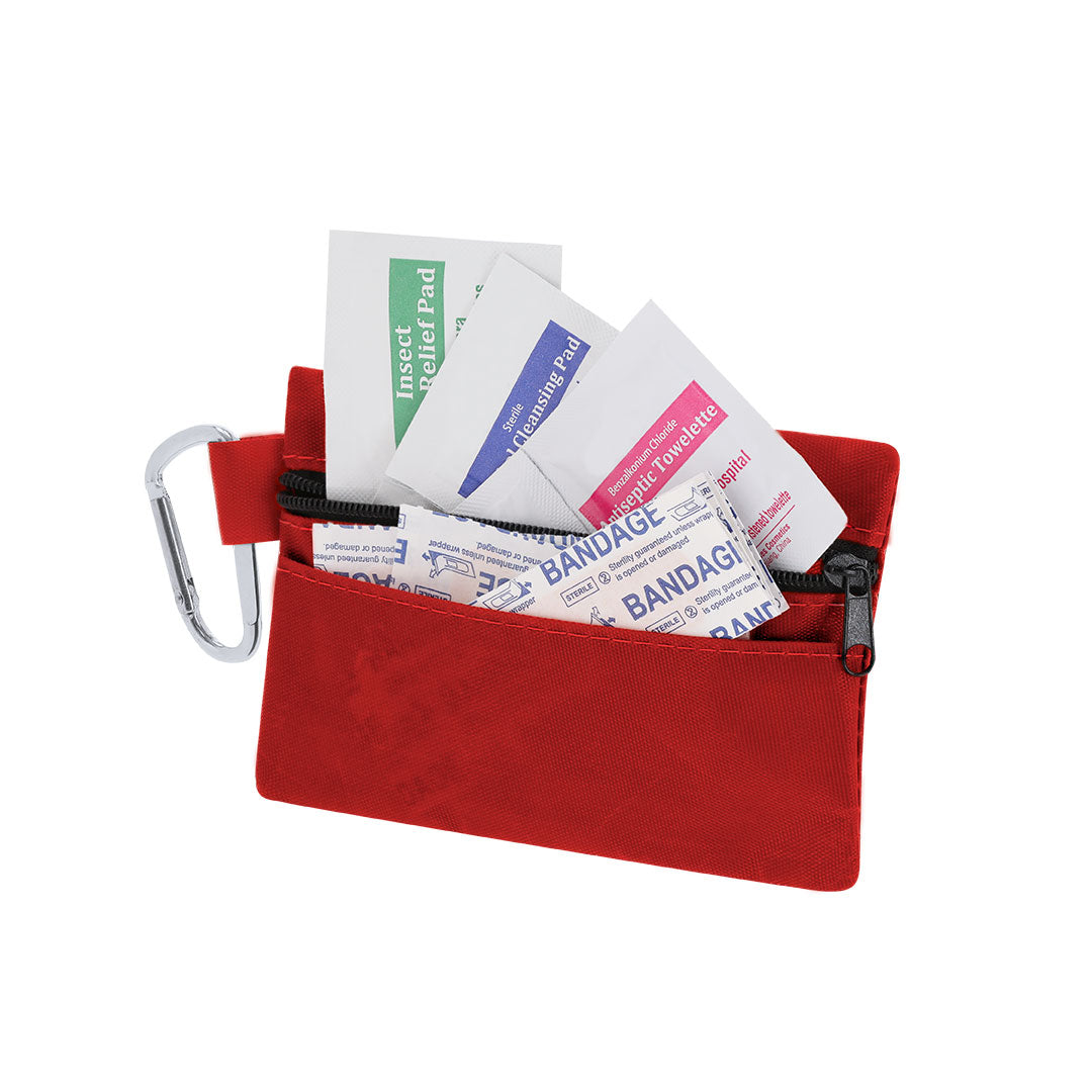 Kit d'urgence 14 pièces dans un étui : compresses, bandages, serviettes avec alcool, ruban adhésif, lingette pour les piqûres