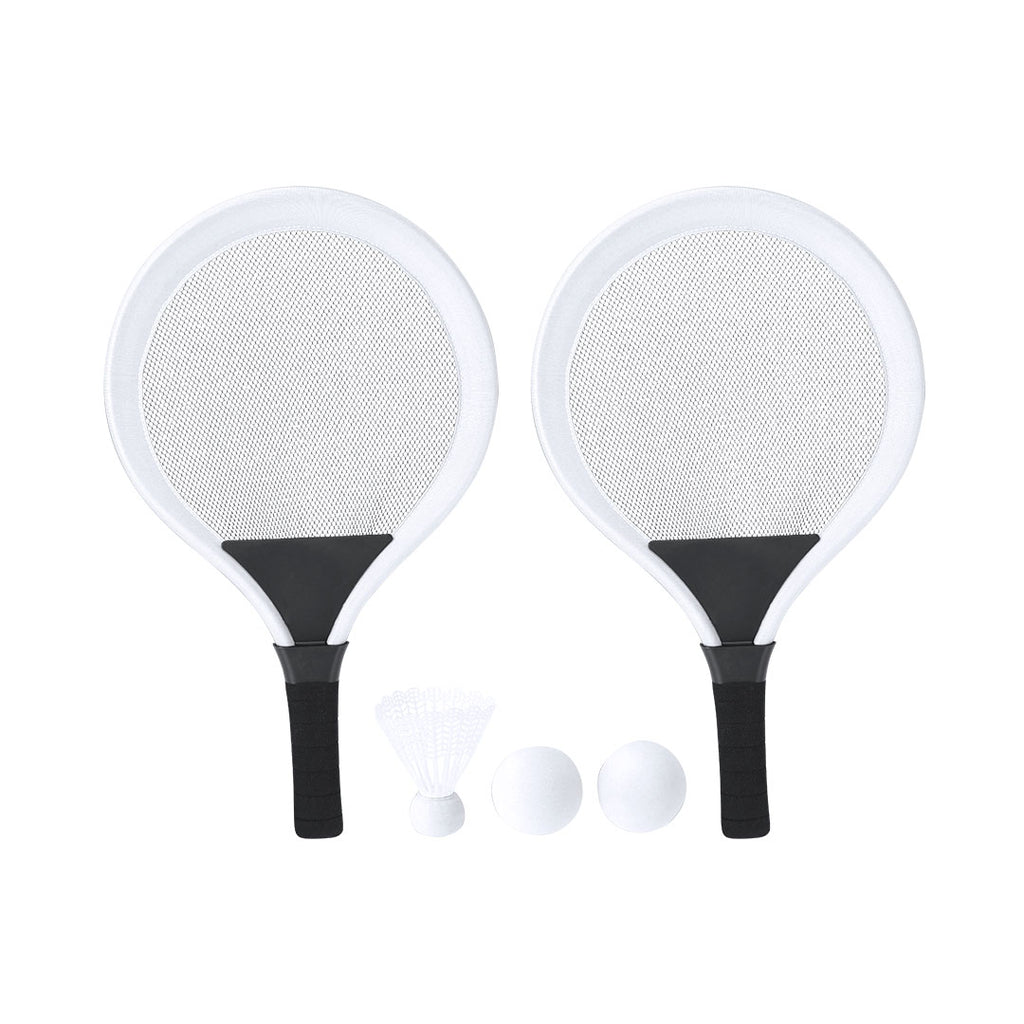 Set de jeux avec raquettes blanc inclut 2 raquettes, 2 balles assorties, 1 plume, idéal pour la plage, le parc ou le jardin