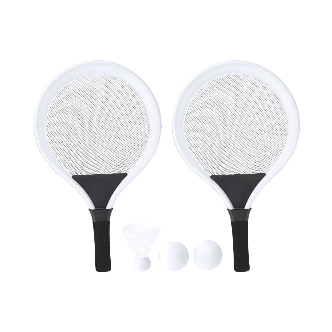 Set de jeux avec raquettes blanc inclut 2 raquettes, 2 balles assorties, 1 plume, idéal pour la plage, le parc ou le jardin