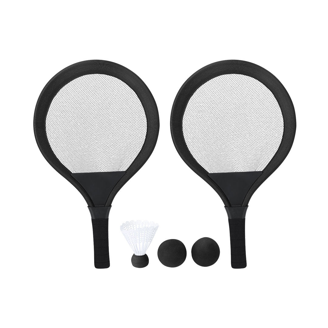 Set de jeux avec raquettes noir inclut 2 raquettes, 2 balles assorties, 1 plume, idéal pour la plage, le parc ou le jardin