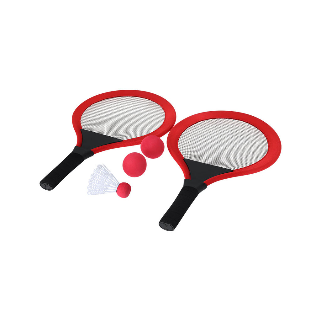 Set de jeux avec raquettes rouge inclut 2 raquettes, 2 balles assorties, 1 plume, idéal pour la plage, le parc ou le jardin