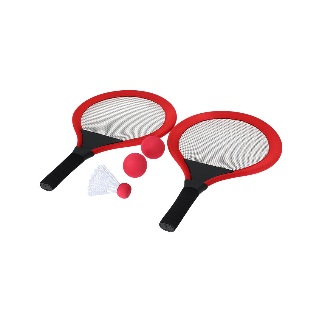 Set de jeux avec raquettes rouge inclut 2 raquettes, 2 balles assorties, 1 plume, idéal pour la plage, le parc ou le jardin