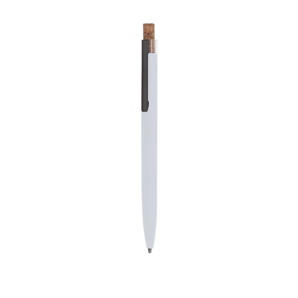 Stylo à bille blanc avec bouton poussoir en liège et clip en aluminium recyclé avec cartouche jumbo et en encre bleue