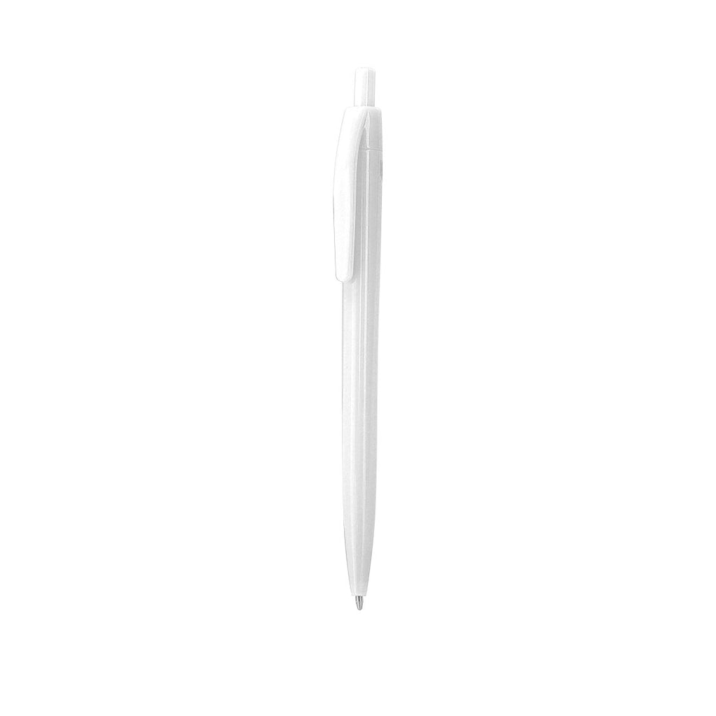Stylo à bille blanc en plastique avec bouton avec marquage RABS en haut du stylo et avec cartouche jumbo en encre bleue