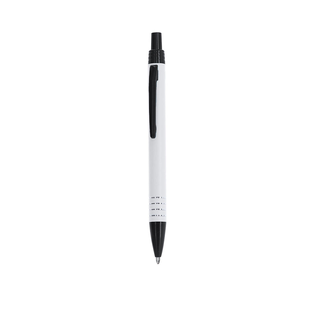 Stylo à bille blanc et noir en aluminium recyclé anneaux en argenté sur le corps avec cartouche jumbo et en encre bleue