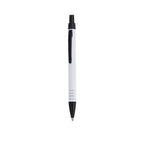 Stylo à bille blanc et noir en aluminium recyclé anneaux en argenté sur le corps avec cartouche jumbo et en encre bleue