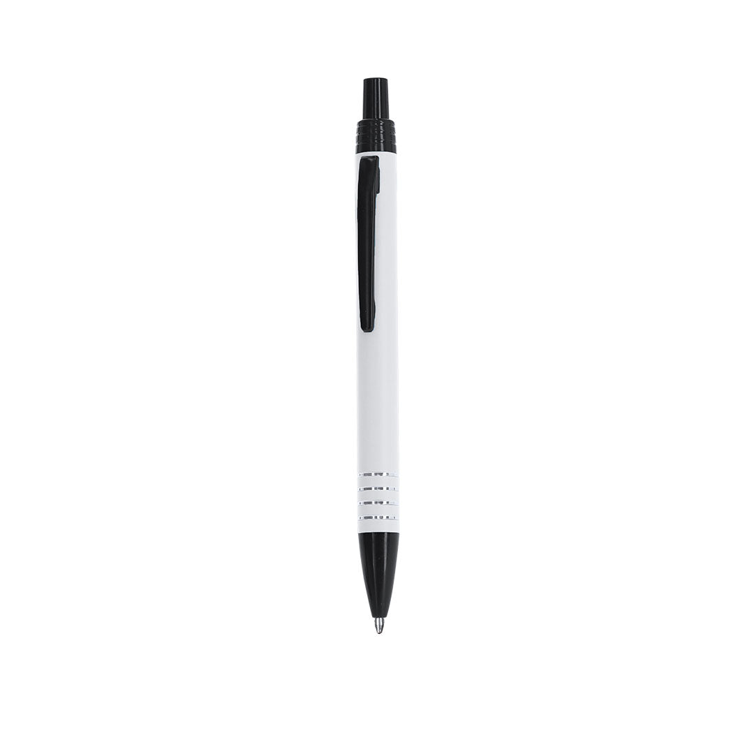 Stylo à bille blanc et noir en aluminium recyclé anneaux en argenté sur le corps avec cartouche jumbo et en encre bleue