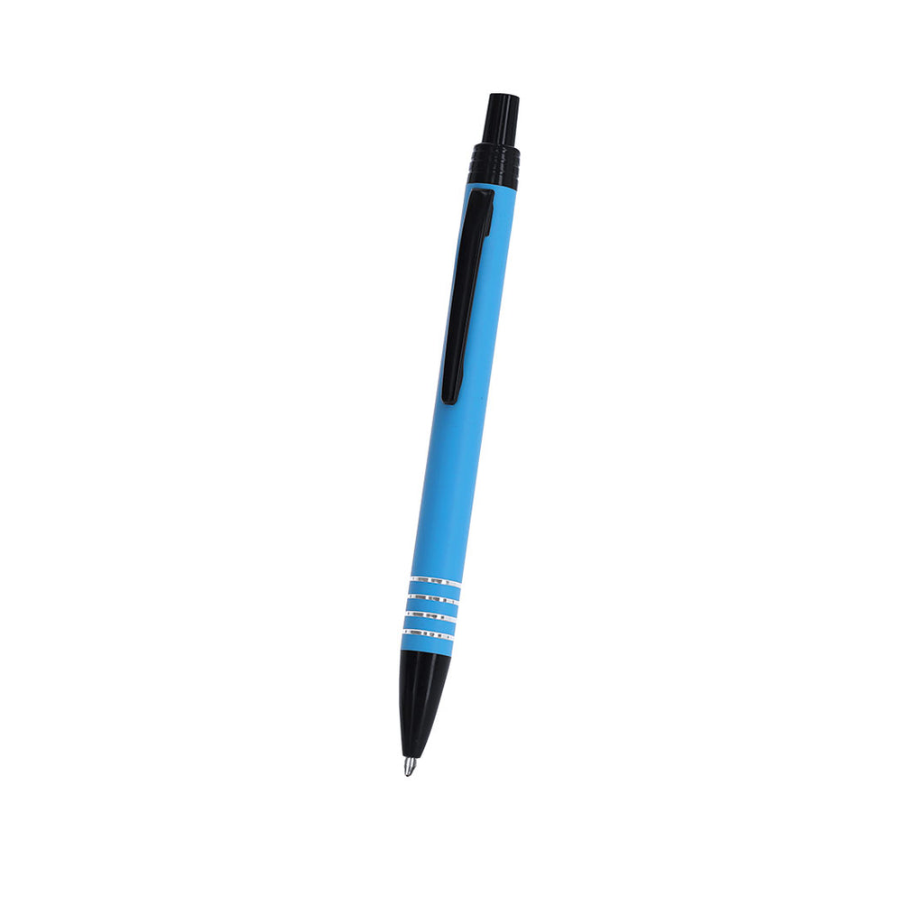 Stylo à bille bleu et noir en aluminium recyclé anneaux en argenté sur le corps avec cartouche jumbo et en encre bleue