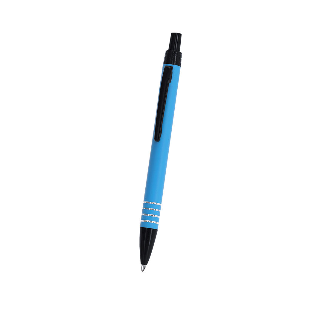 Stylo à bille bleu et noir en aluminium recyclé anneaux en argenté sur le corps avec cartouche jumbo et en encre bleue