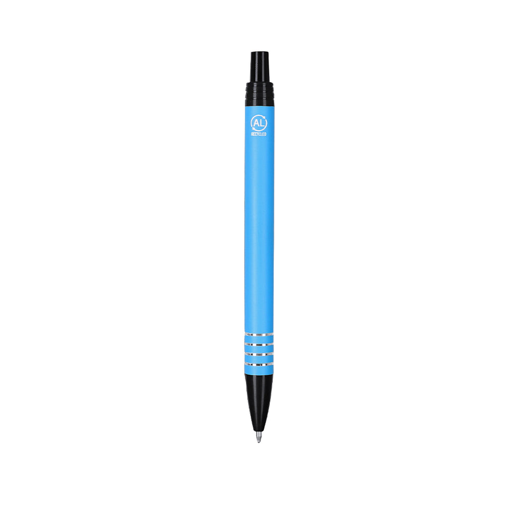 Stylo à bille bleu et noir en aluminium recyclé anneaux en argenté sur le corps avec cartouche jumbo et en encre bleue