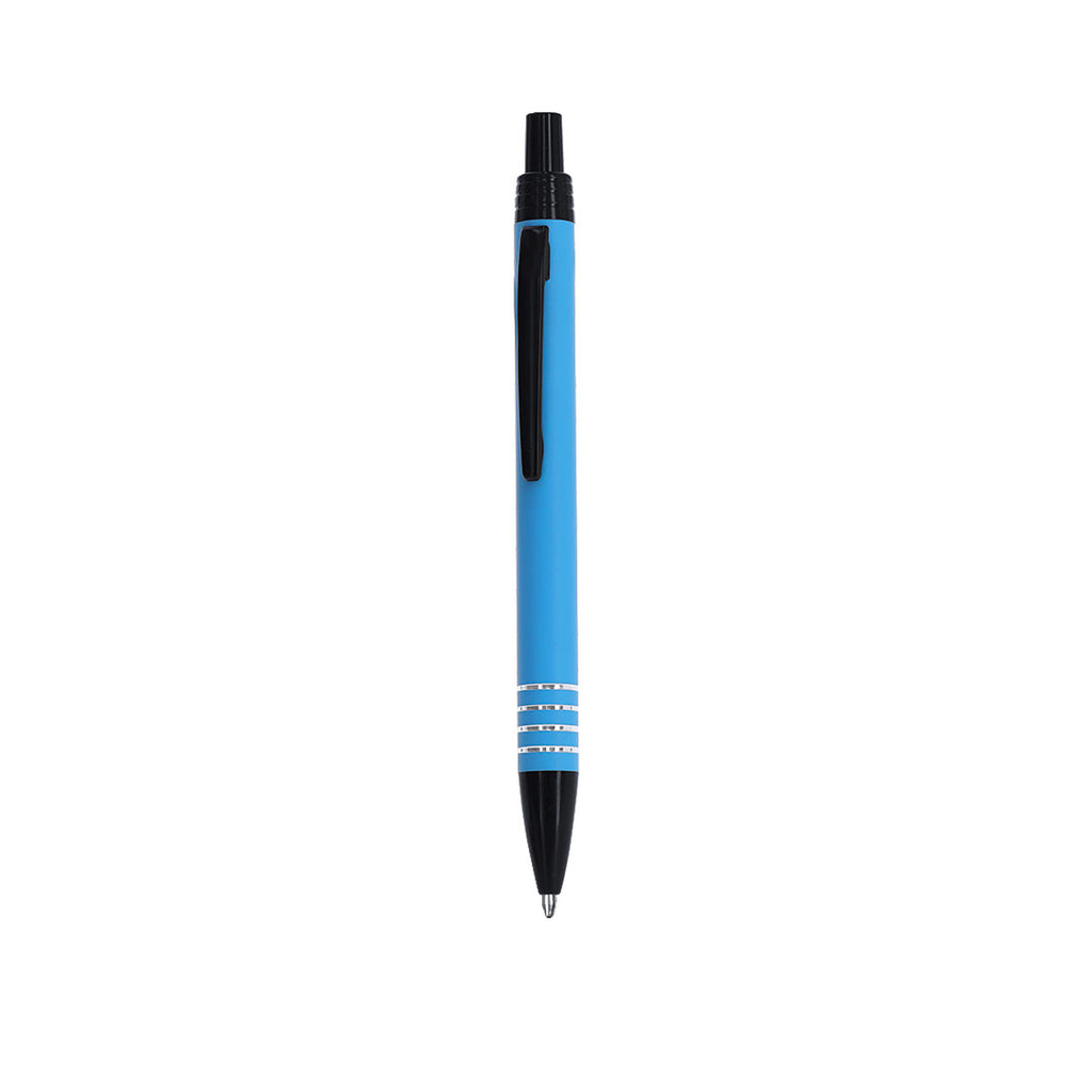 Stylo à bille bleu et noir en aluminium recyclé anneaux en argenté sur le corps avec cartouche jumbo et en encre bleue