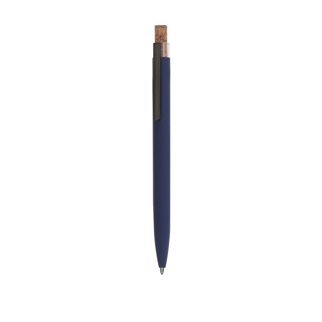 Stylo à bille bleu marine avec bouton poussoir en liège et clip en aluminium recyclé avec cartouche jumbo et en encre bleue