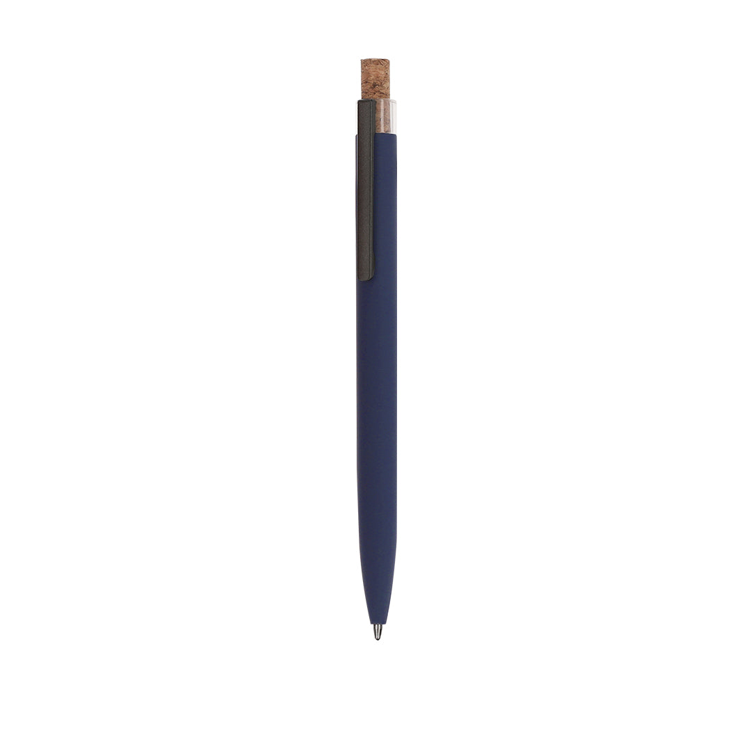 Stylo à bille bleu marine avec bouton poussoir en liège et clip en aluminium recyclé avec cartouche jumbo et en encre bleue