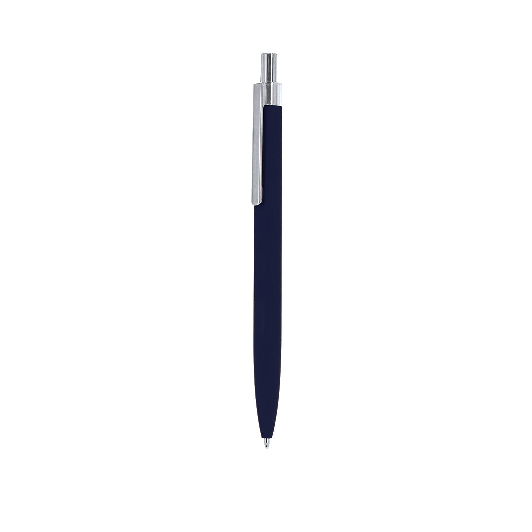 Stylo à bille bleu marine en aluminium recyclé clip et bouton poussoir chromé avec cartouche jumbo et en encre bleue