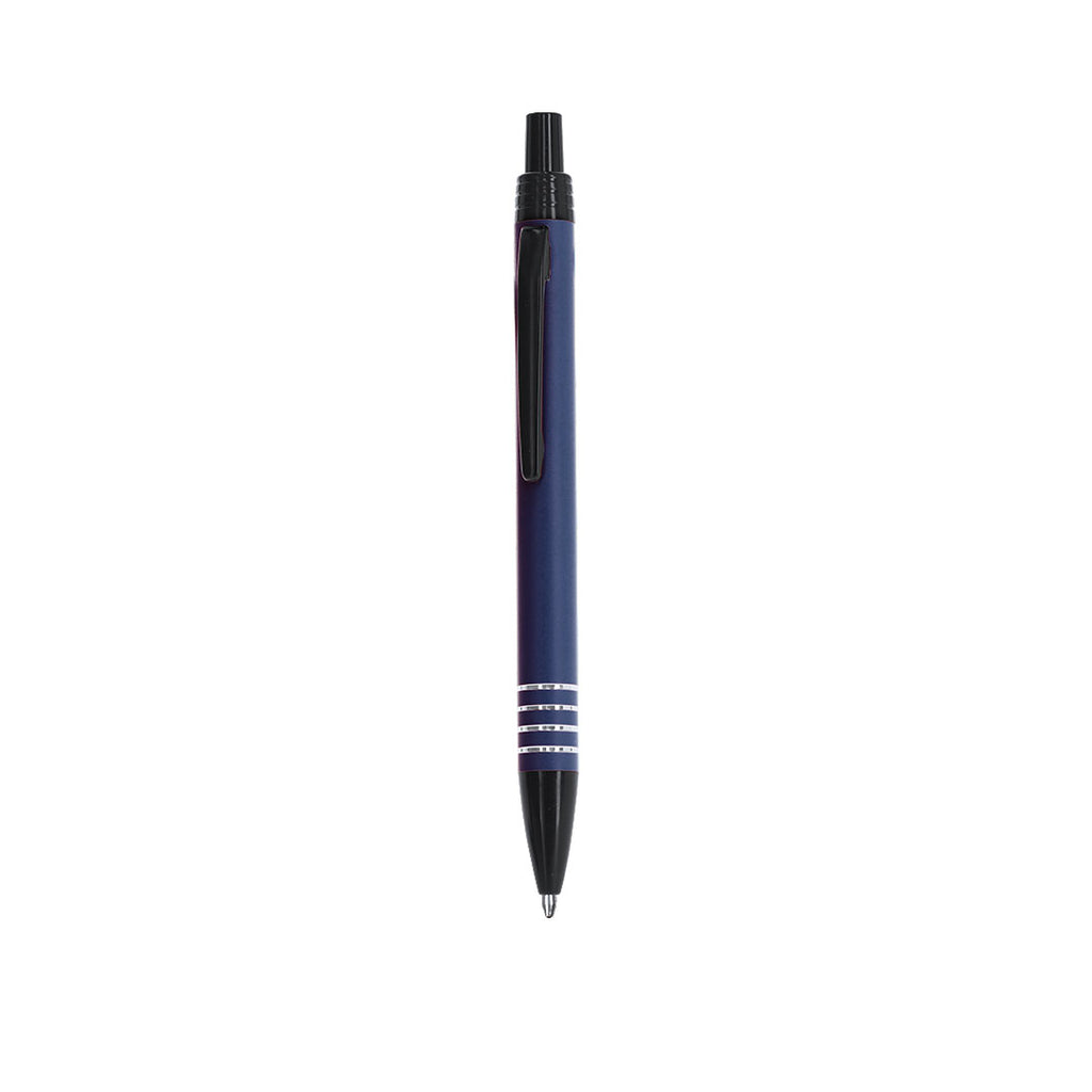 Stylo à bille bleu marine et noir en aluminium recyclé anneaux en argenté sur le corps avec cartouche jumbo et en encre bleue