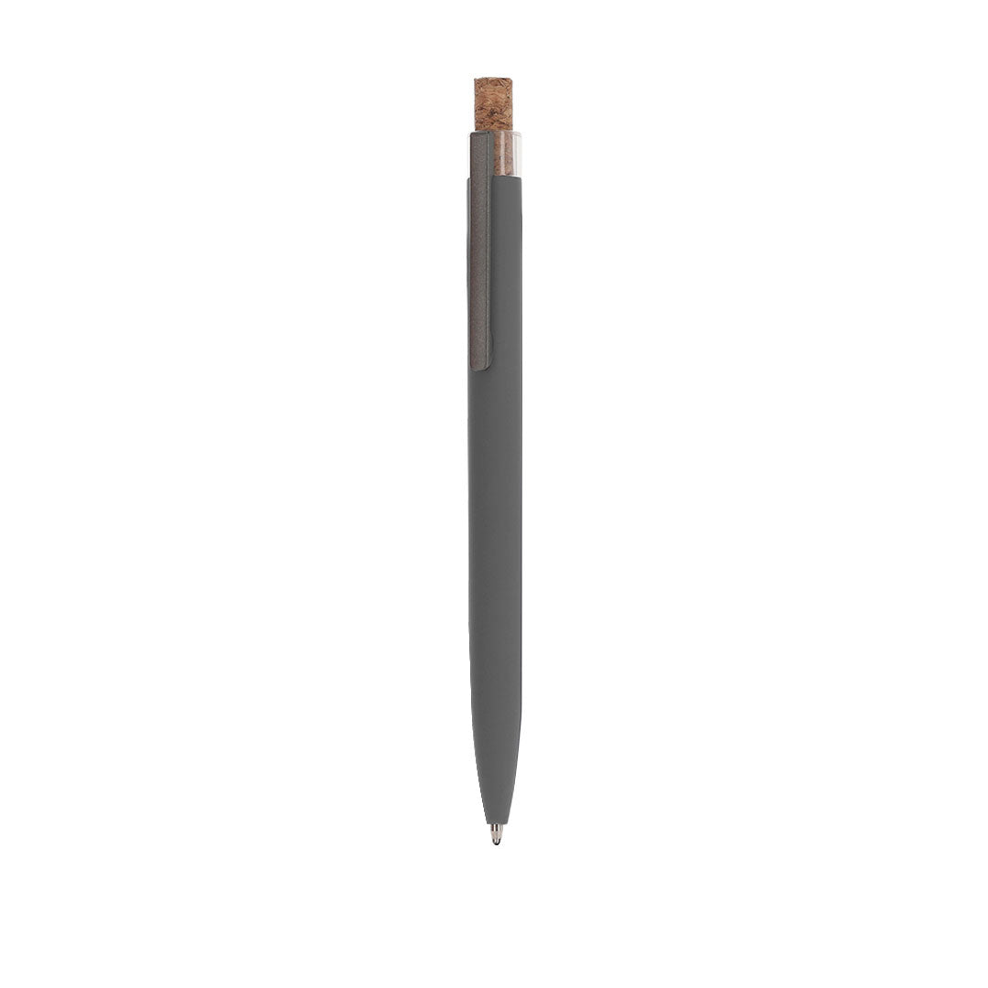Stylo à bille gris avec bouton poussoir en liège et clip en aluminium recyclé avec cartouche jumbo et en encre bleue