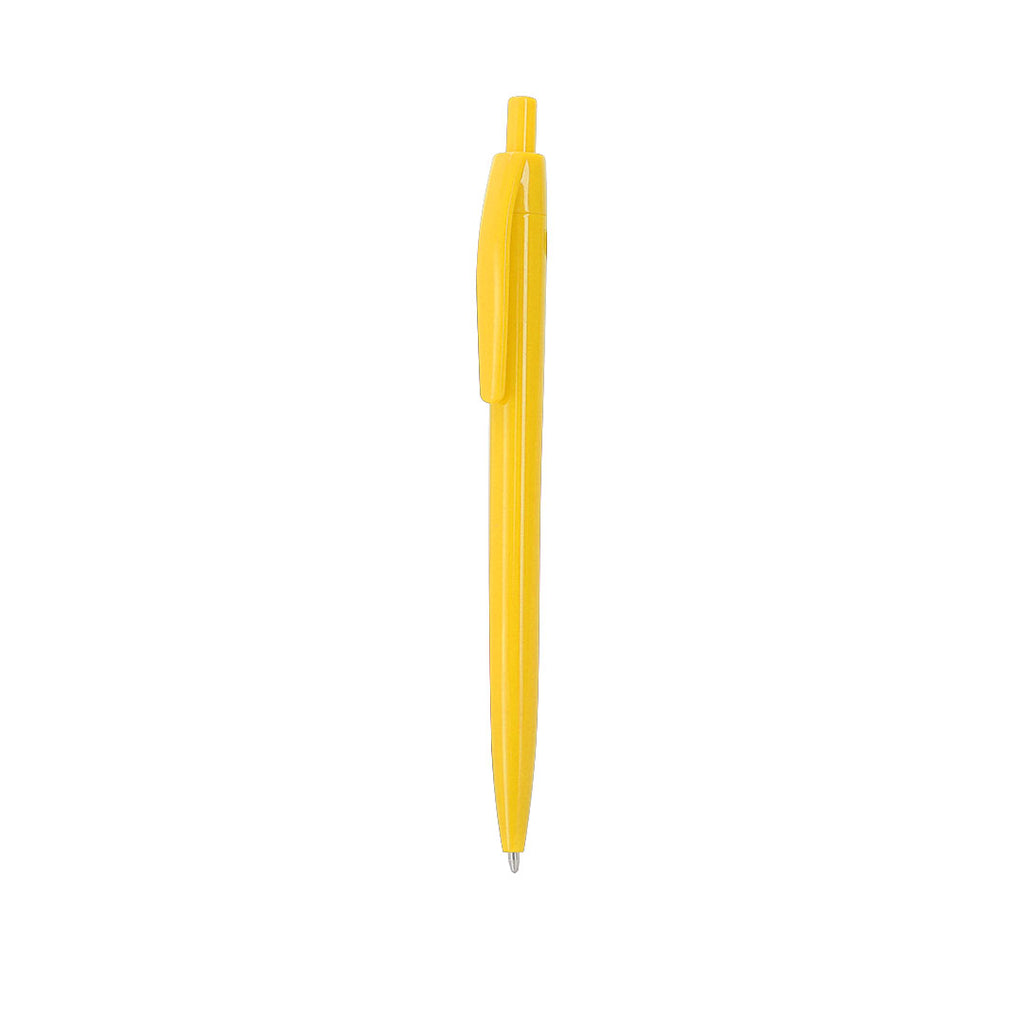 Stylo à bille jaune en plastique avec bouton avec marquage RABS en haut du stylo et avec cartouche jumbo en encre bleue