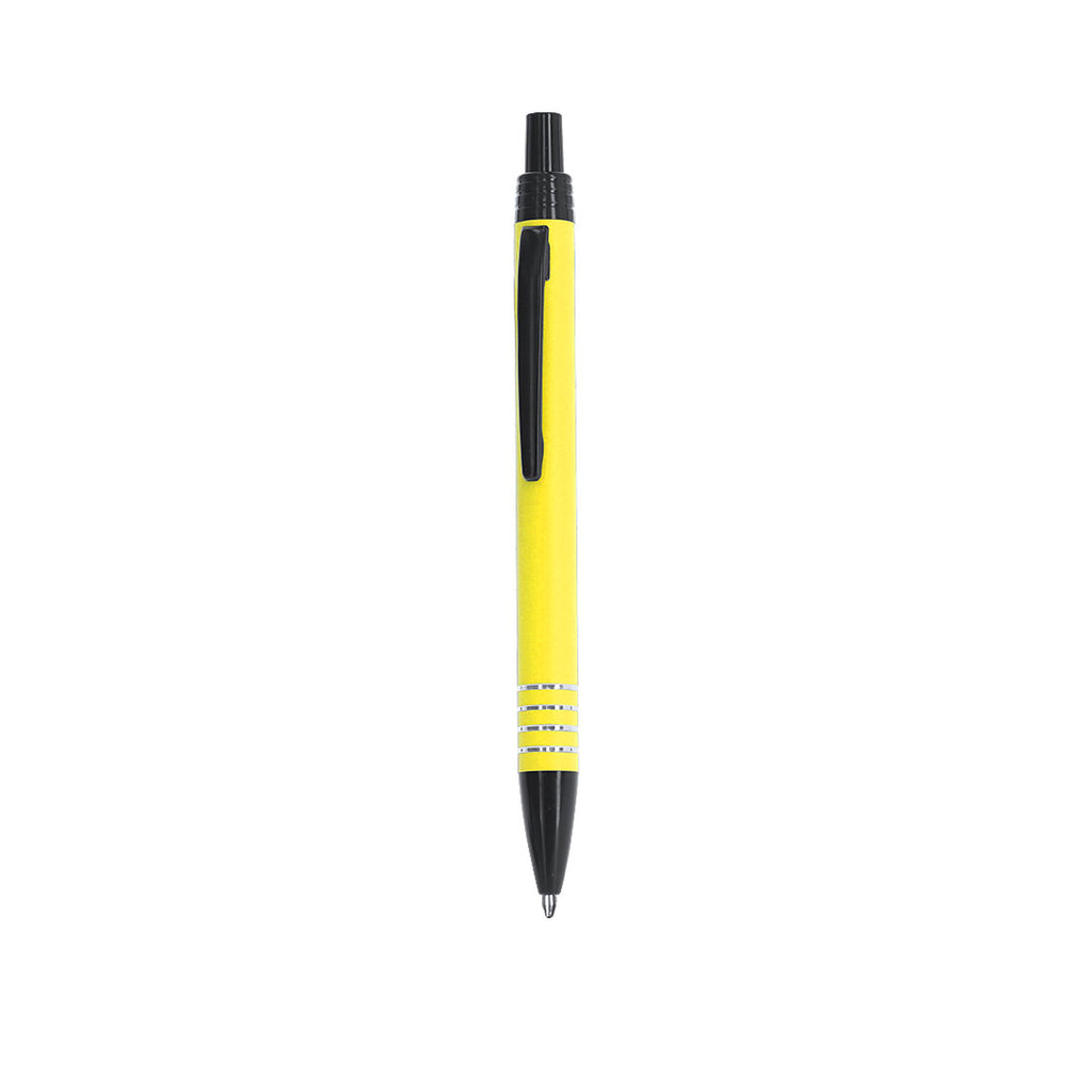 Stylo à bille jaune et noir en aluminium recyclé anneaux en argenté sur le corps avec cartouche jumbo et en encre bleue