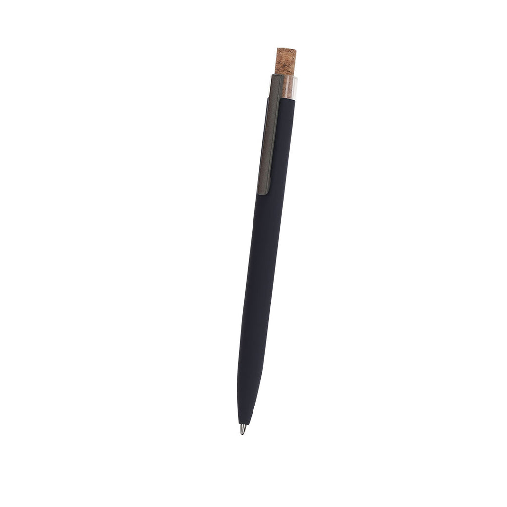 Stylo à bille noir avec bouton poussoir en liège et clip en aluminium recyclé avec cartouche jumbo et en encre bleue