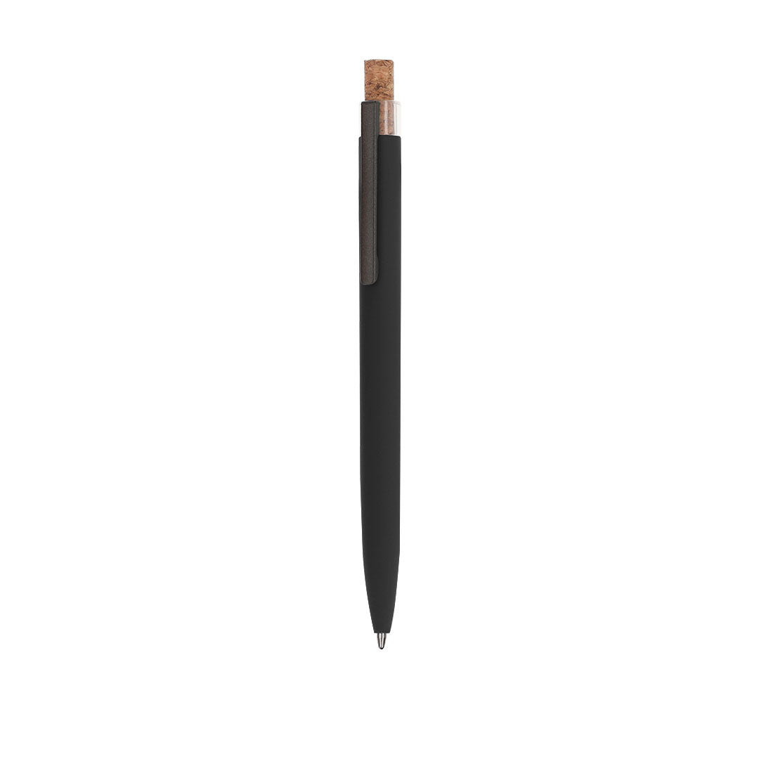 Stylo à bille noir avec bouton poussoir en liège et clip en aluminium recyclé avec cartouche jumbo et en encre bleue