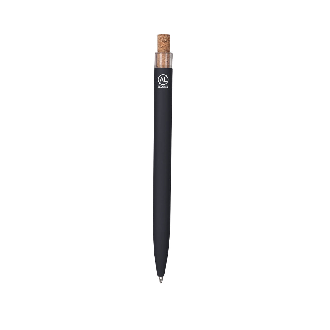 Stylo à bille noir avec bouton poussoir en liège et clip en aluminium recyclé avec cartouche jumbo et en encre bleue