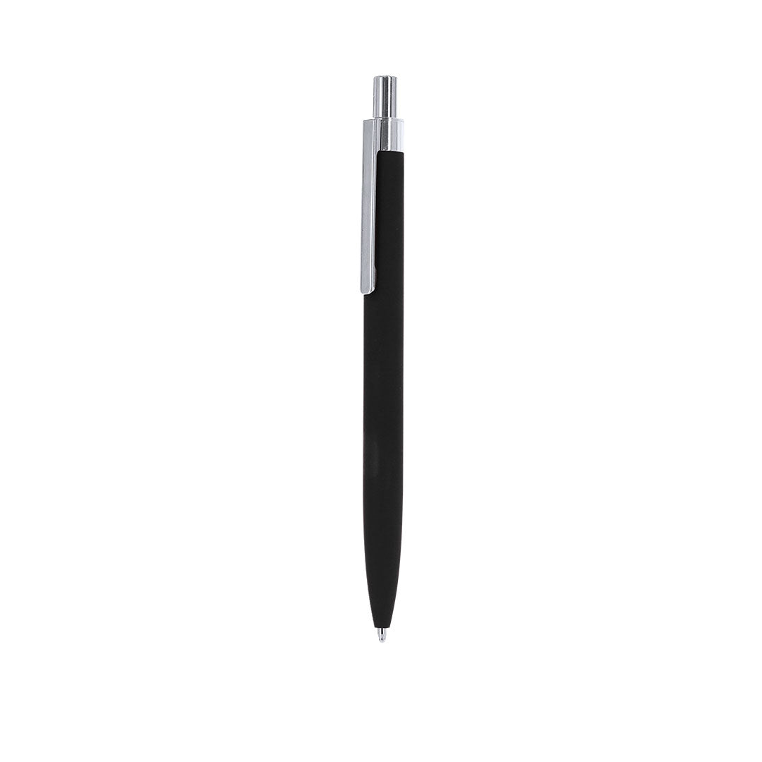 Stylo à bille noir en aluminium recyclé clip et bouton poussoir chromé avec cartouche jumbo et en encre bleue