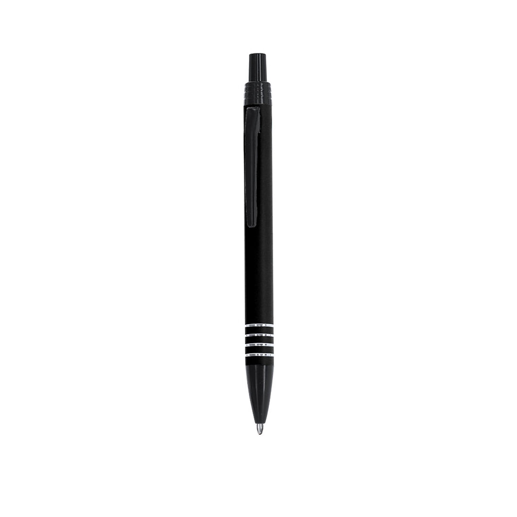 Stylo à bille noir en aluminium recyclé anneaux en argenté sur le corps avec cartouche jumbo et en encre bleue