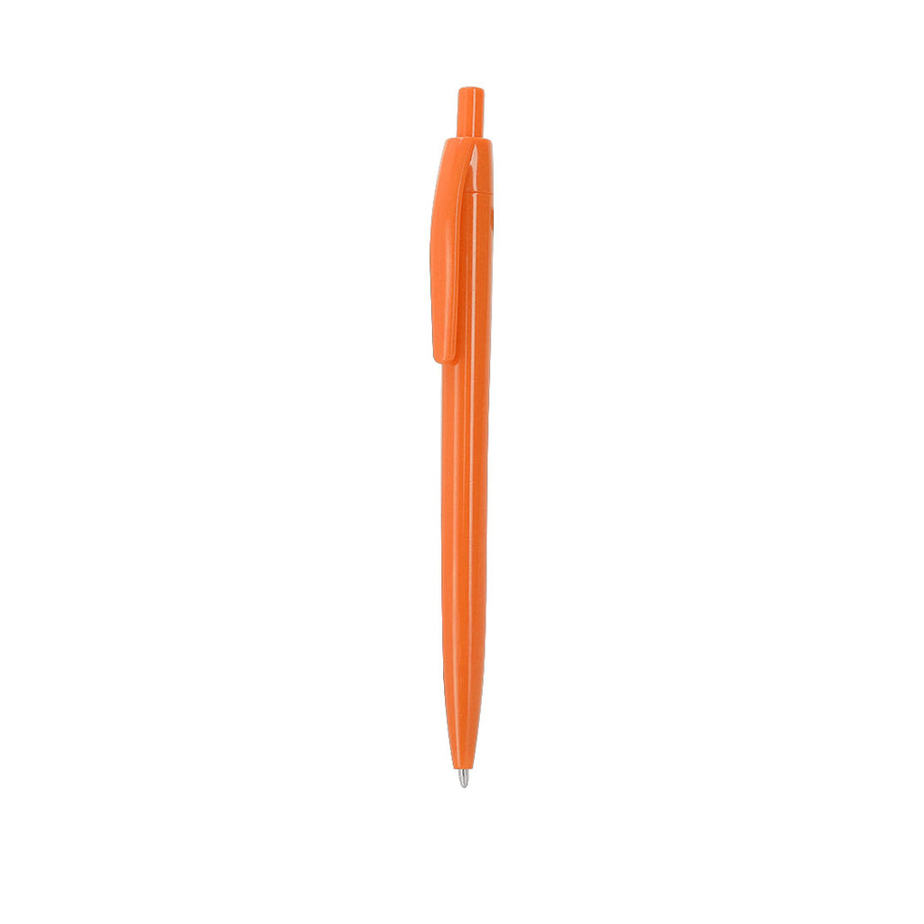 Stylo à bille orange en plastique avec bouton avec marquage RABS en haut du stylo et avec cartouche jumbo en encre bleue