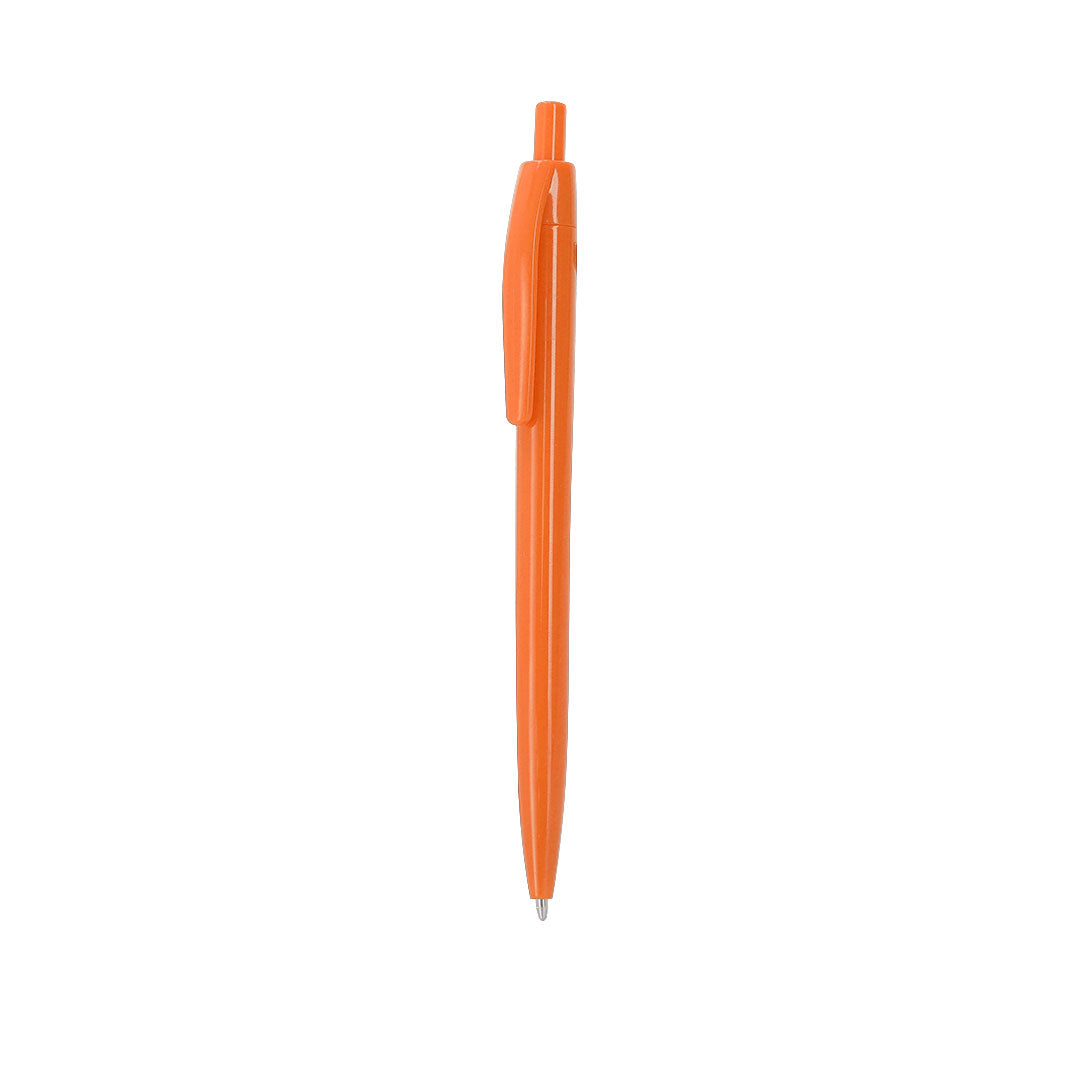 Stylo à bille orange en plastique avec bouton avec marquage RABS en haut du stylo et avec cartouche jumbo en encre bleue