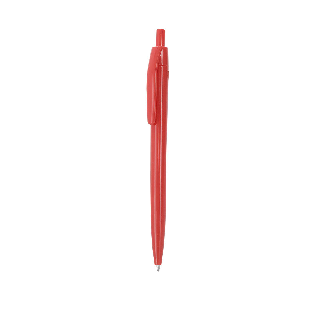 Stylo à bille rouge en plastique avec bouton avec marquage RABS en haut du stylo et avec cartouche jumbo en encre bleue