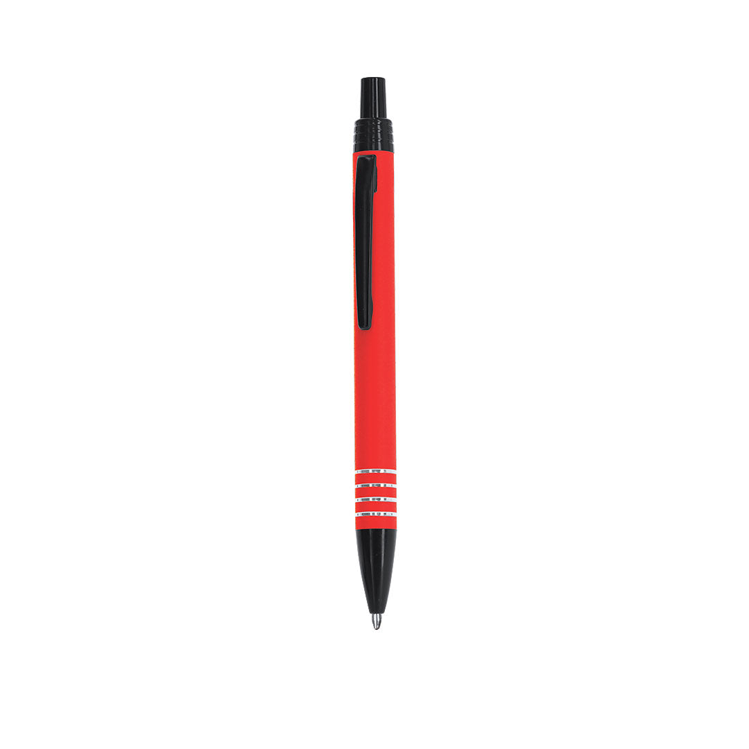 Stylo à bille rouge et noir en aluminium recyclé anneaux en argenté sur le corps avec cartouche jumbo et en encre bleue