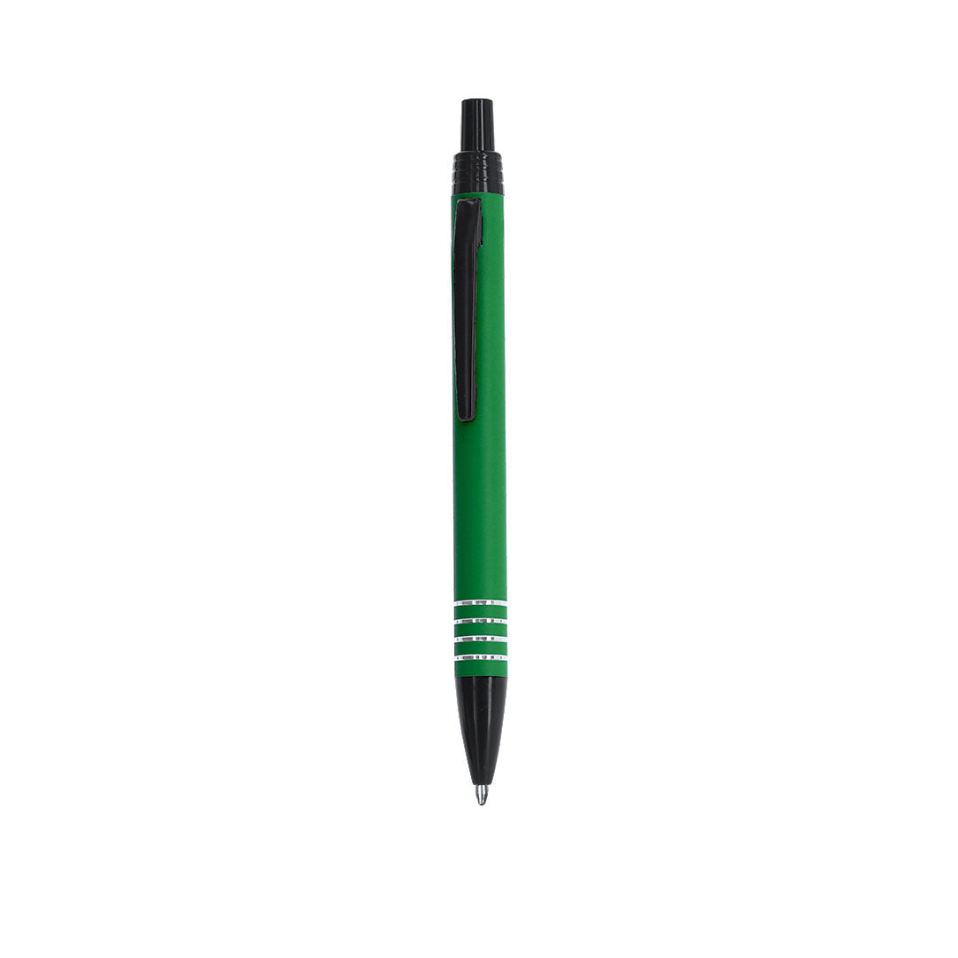 Stylo à bille vert et noir en aluminium recyclé anneaux en argenté sur le corps avec cartouche jumbo et en encre bleue