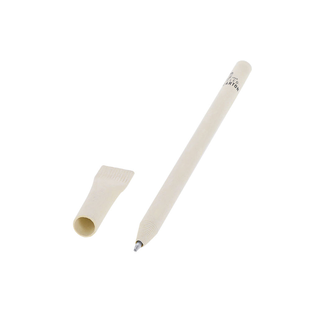 Stylo encre bleue avec un corps fabriqué à partir de cartons de lait recyclés et des détails en couleur blanche avec capuchon