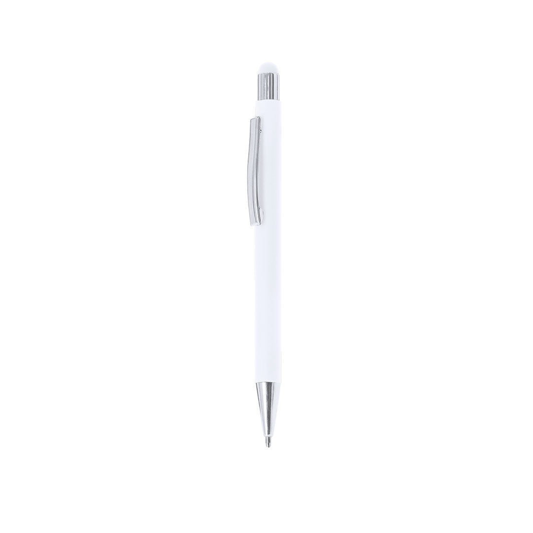 Stylo à bille blanc en aluminium recyclé. Clip métallique avec finition chromée avec cartouche jumbo et en encre bleue