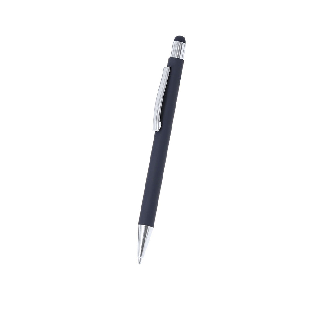 Stylo à bille bleu marine en aluminium recyclé. Clip métallique avec finition chromée avec cartouche jumbo et en encre bleue