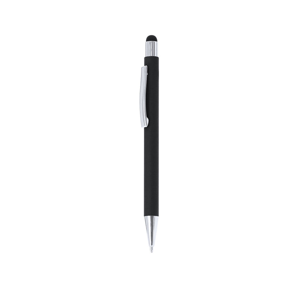 Stylo à bille noir en aluminium recyclé. Clip métallique avec finition chromée avec cartouche jumbo et en encre bleue