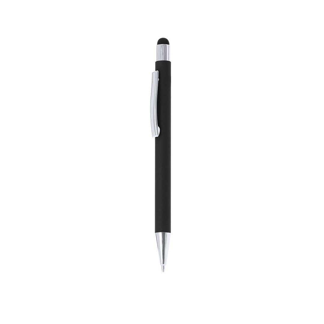 Stylo à bille noir en aluminium recyclé. Clip métallique avec finition chromée avec cartouche jumbo et en encre bleue