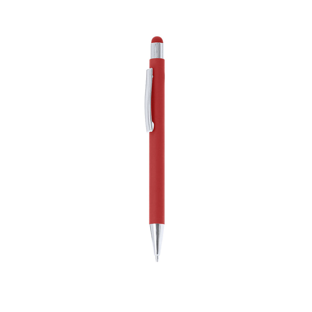 Stylo à bille rouge en aluminium recyclé. Clip métallique avec finition chromée avec cartouche jumbo et en encre bleue
