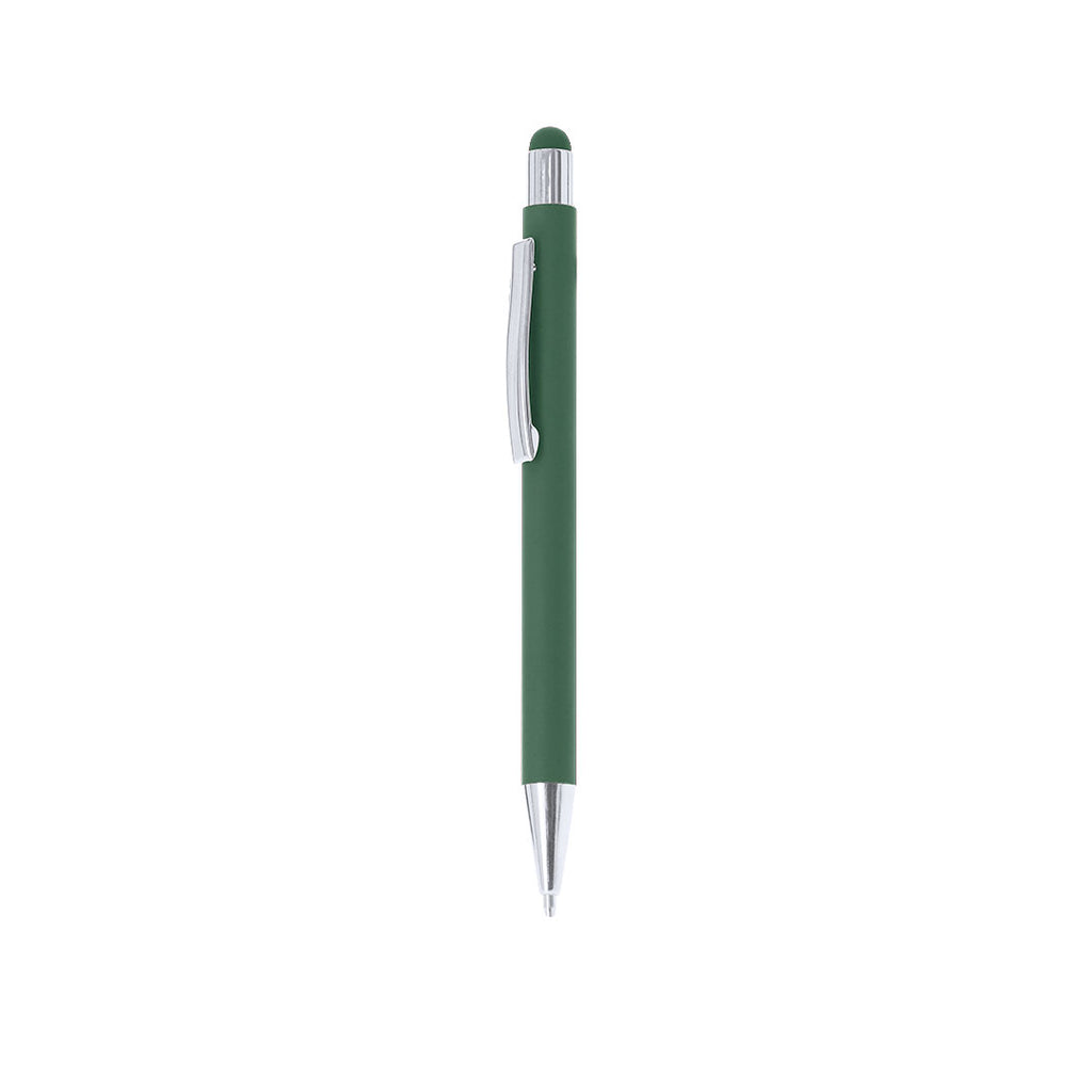 Stylo à bille vert en aluminium recyclé. Clip métallique avec finition chromée avec cartouche jumbo et en encre bleue