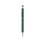 Stylo à bille vert en aluminium recyclé. Clip métallique avec finition chromée avec cartouche jumbo et en encre bleue
