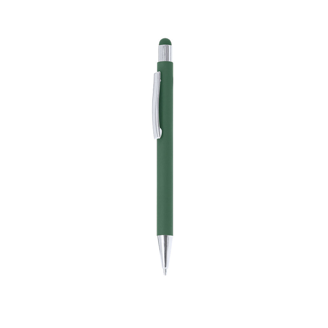 Stylo à bille vert en aluminium recyclé. Clip métallique avec finition chromée avec cartouche jumbo et en encre bleue