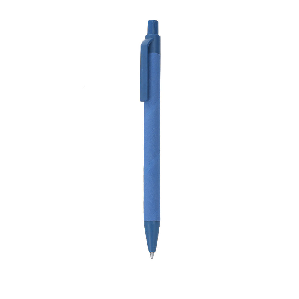 Stylo bleu fabriqué en carton recyclé en combinaison avec de la paille de blé. Mécanisme à pression et encre bleue