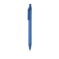 Stylo bleu fabriqué en carton recyclé en combinaison avec de la paille de blé. Mécanisme à pression et encre bleue