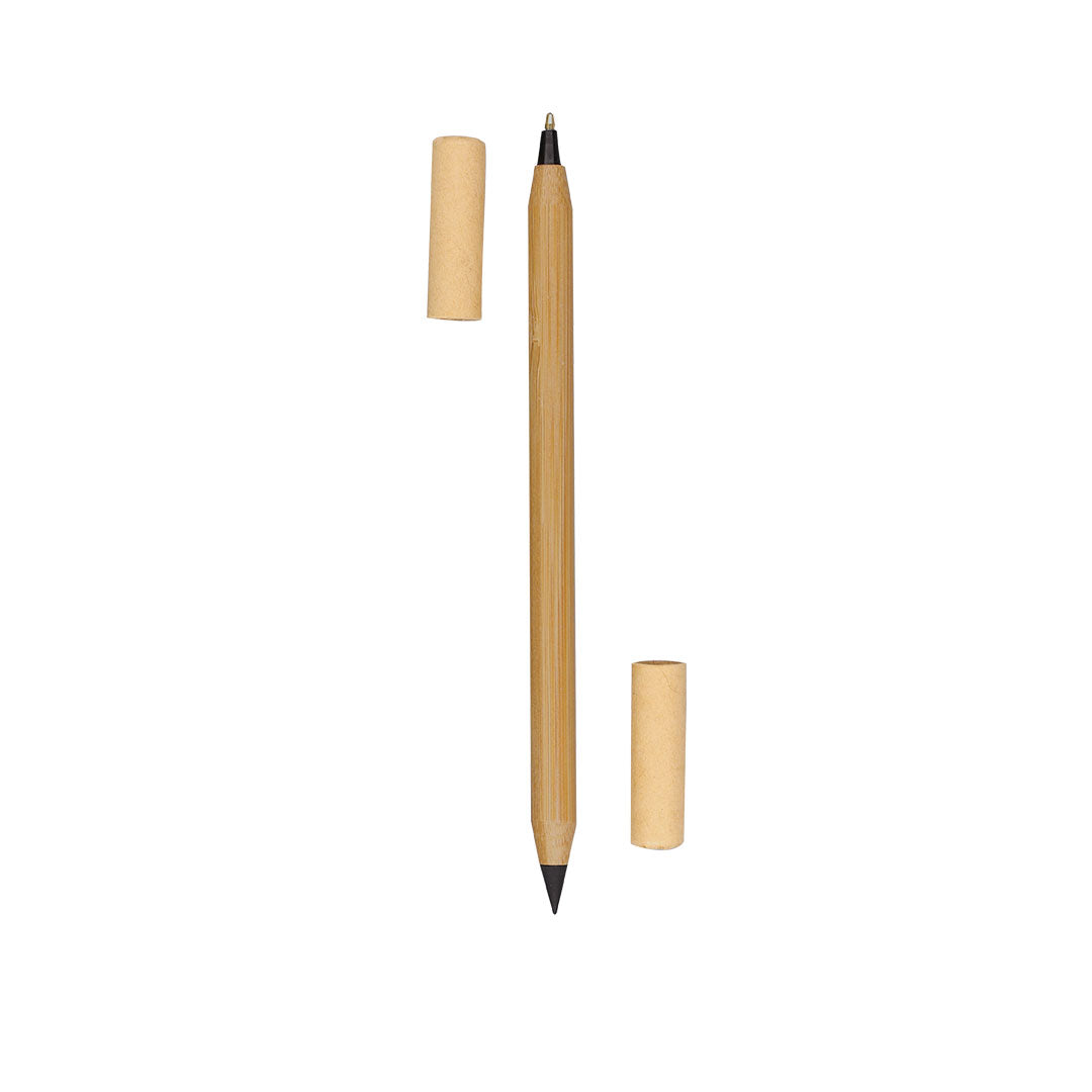 Stylo en crayon éternel 2 en 1 fabriqué en bambou. Double capuchon. À l'autre extrémité, il a un stylo à encre bleue 