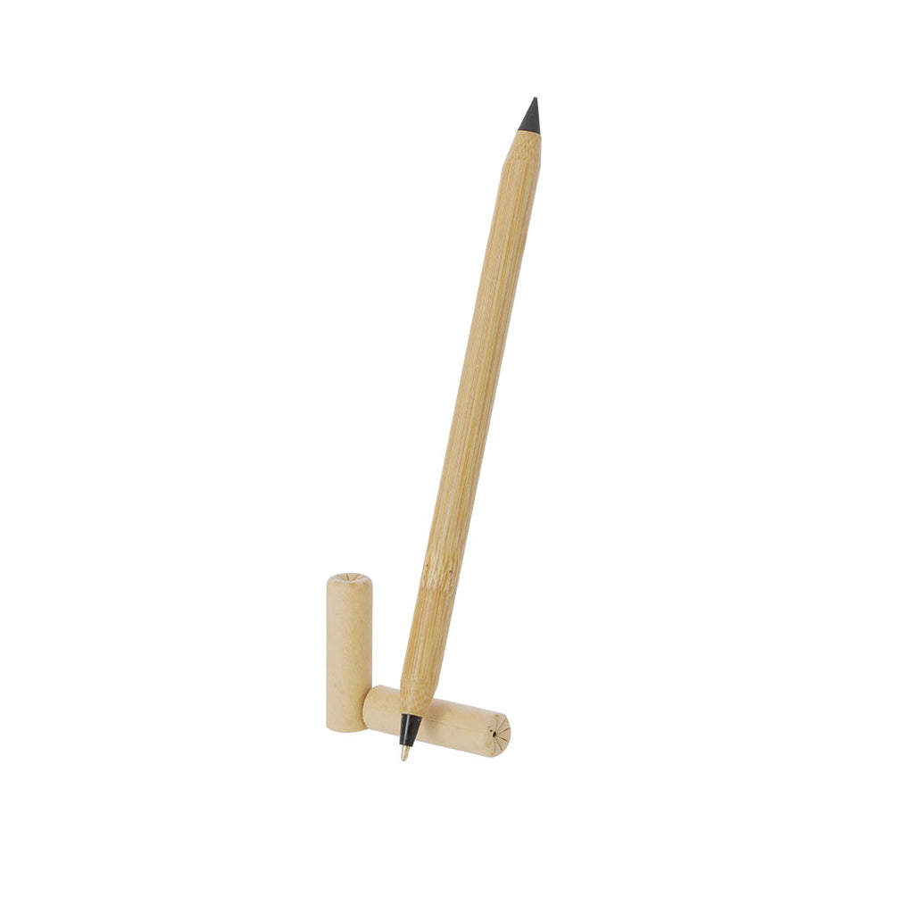 Stylo en crayon éternel 2 en 1 fabriqué en bambou. Double capuchon. À l'autre extrémité, il a un stylo à encre bleue 